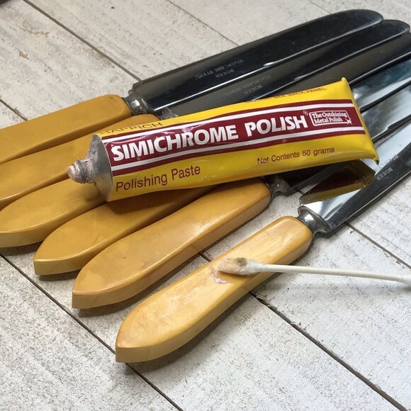 6 Vtg Butterscotch Bakelite Flatware Antq Boker Art Deco 1930s Stainless Knives - Picture 8 of 8